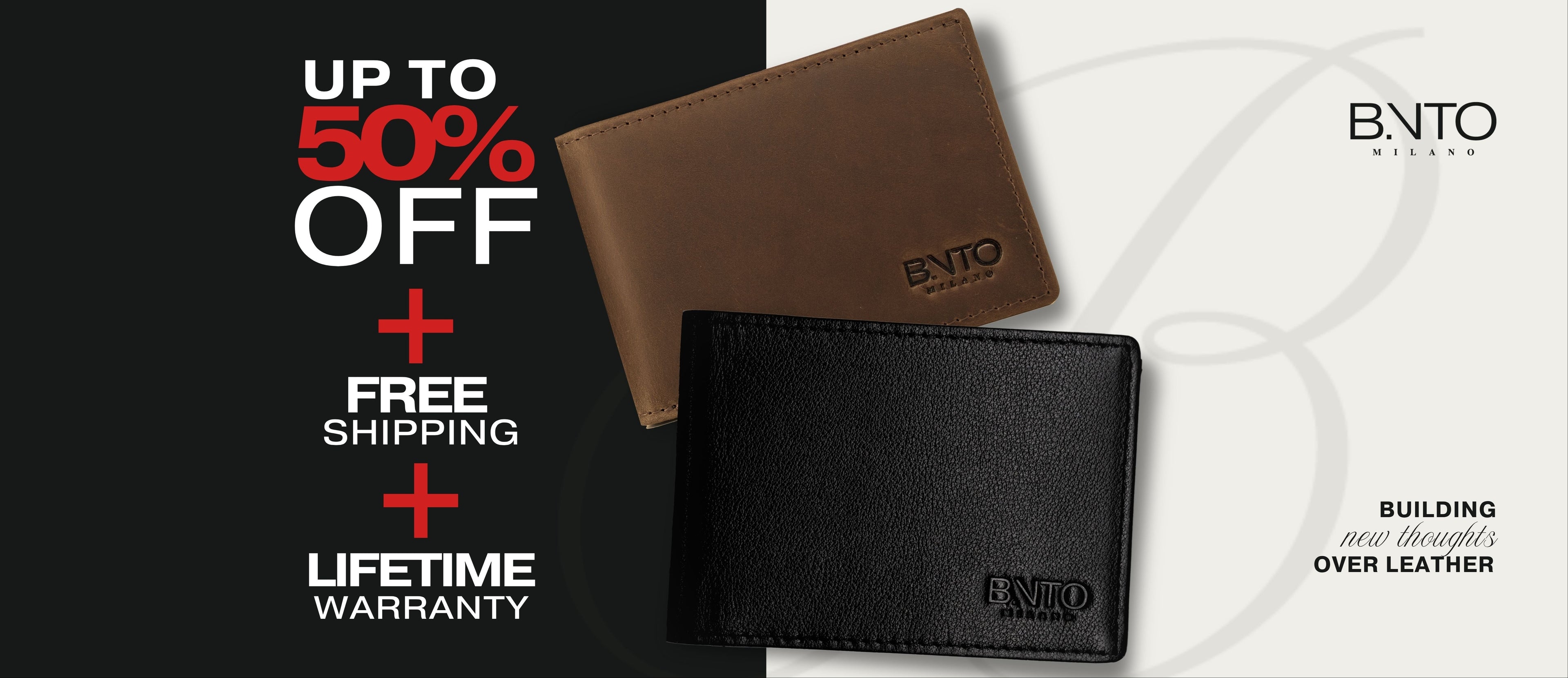 Two wallets, one brown and one black, with promotional text on a black background.